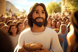 Jesus med 5 brød. Scene fra bibelen hvor han fodrer 5000 disciple med 5 brød og 2 fisk