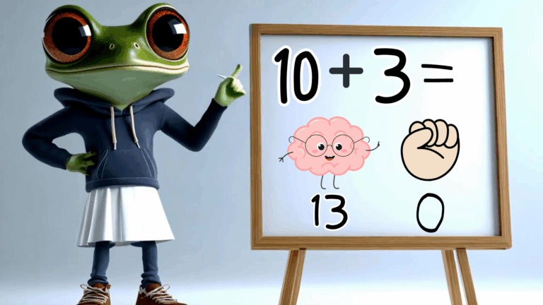 Lærerressourcer af forskellige slags til folkeskolen. Dette er et logo, et billede, som viser lærer frø der underviser i matematik. Matematik for indskolingen