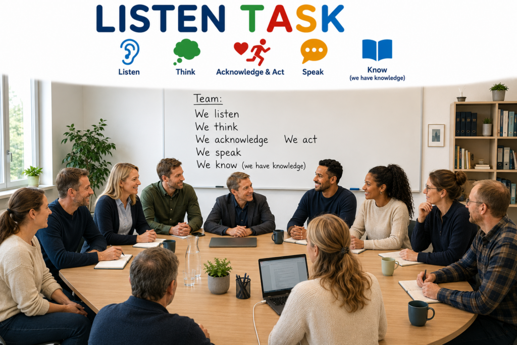 Listen TASK for teams. Lærere, skolepædagoger og pædagogiske ledere sidder til et teammøde og taler og lytter mens de benytter sig at metoden Lyt TAK for at skabe et bedre arbejdsmiljø.