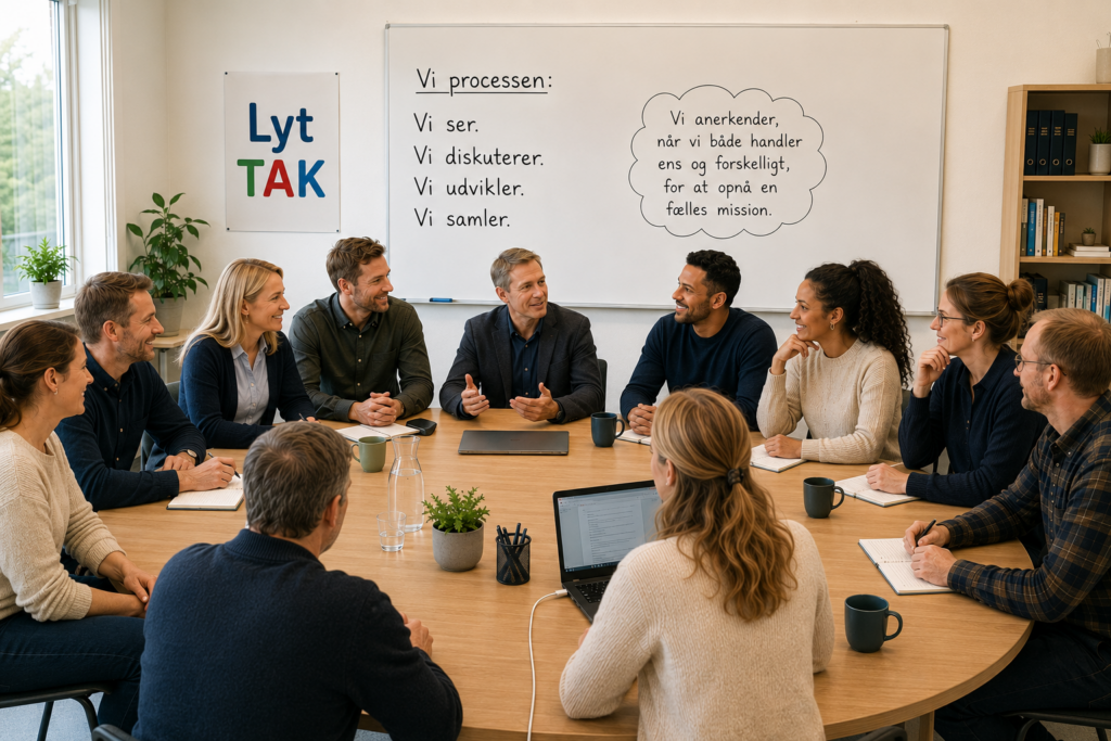 Lyt TAK for teams. Lærere, skolepædagoger og pædagogiske ledere sidder til et teammøde og taler og lytter mens de benytter sig at metoden Lyt TAK for at skabe et bedre arbejdsmiljø.