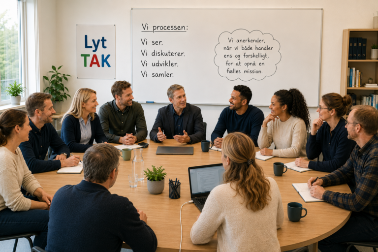 Moderne ledelse og Lyt TAK for teams. Lærere, skolepædagoger og pædagogiske ledere sidder til et teammøde og taler og lytter mens de benytter sig at metoden Lyt TAK for at skabe et bedre arbejdsmiljø.