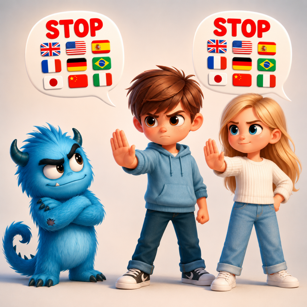 Stop mobning på flere sprog. Her siger en dreng og en pige stop til et monster. Stop monster mobning på flere sprog.