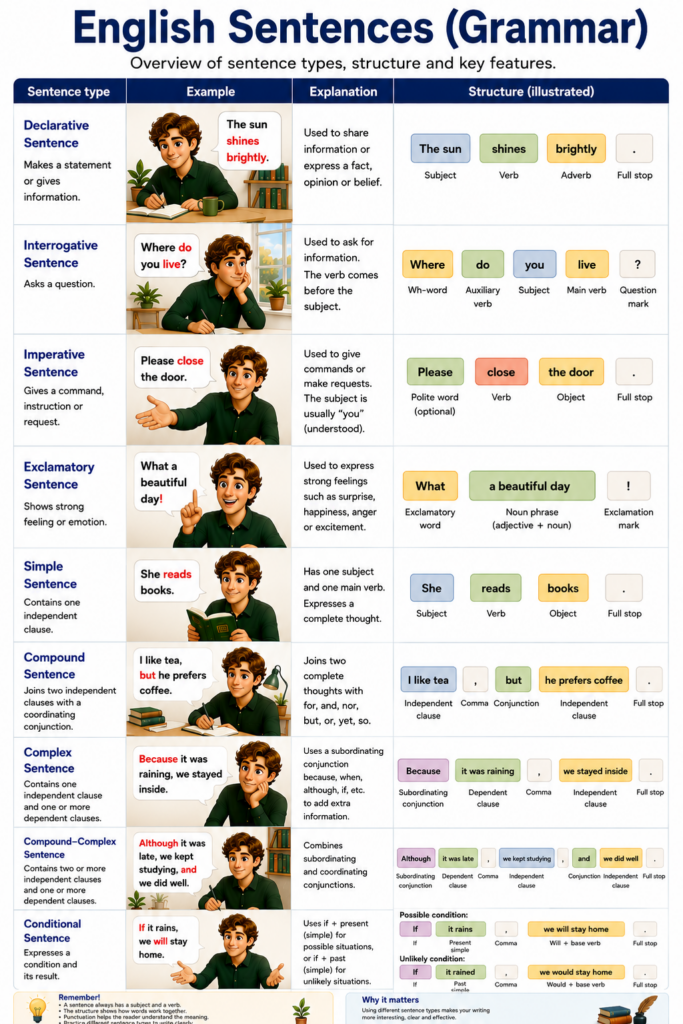 Engelske sætninger og grammatik. En animeret ung mand siger forskellige sætninger på engelsk. Lær engelsk online eller i skolen.