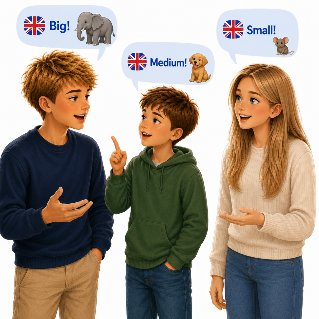 Samtaler i engelsk i skolen. ANimerede børn taler engelsk sammen, de er glade og de taler differentieret på forskellige niveauer. Billedet viser differentieret engeskundervisning.