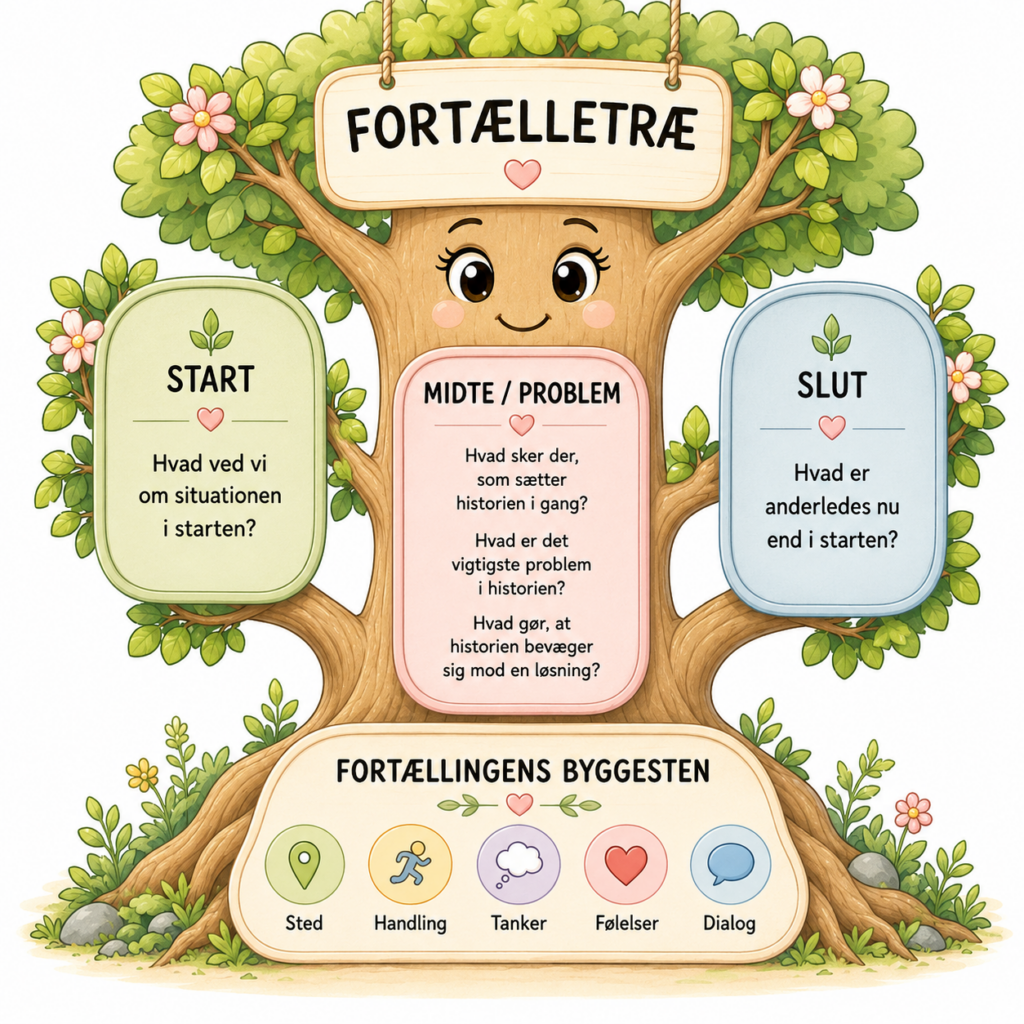 Fortælletræ med fortællingens byggesten og handlingsforløb/handlingsbro