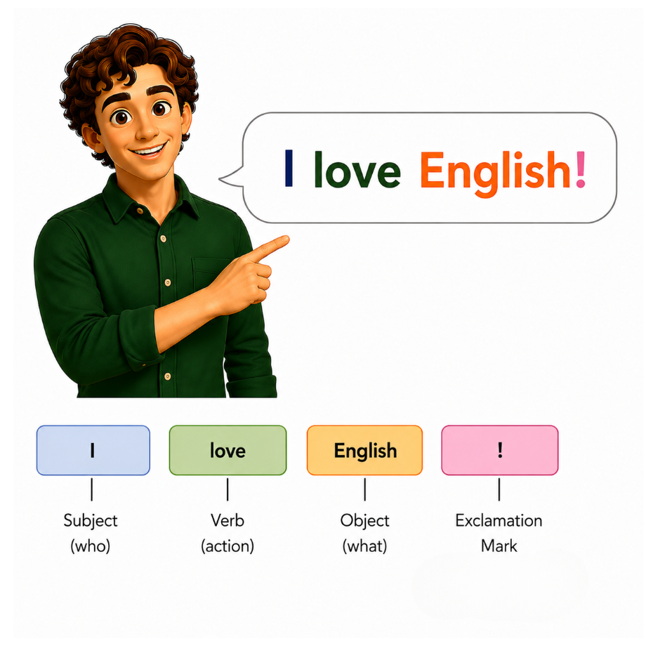 Simple sætninger på engelsk, hvor en animeret mand lærer os om sætningers opbygning.. Her siger han "I love English!"