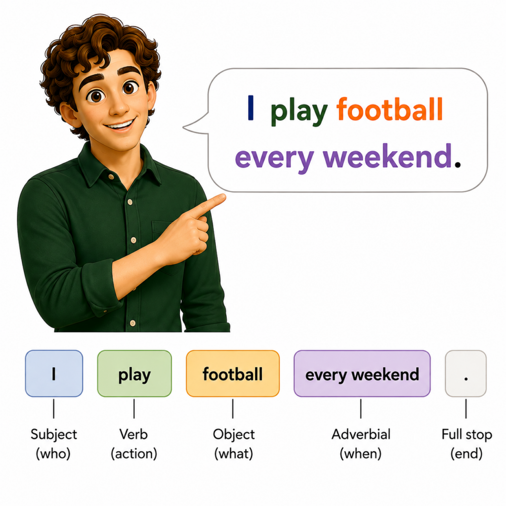 Simple sætninger på engelsk, hvor en animeret mand lærer os om sætningers opbygning.. Her siger han "I play football every weekend!"