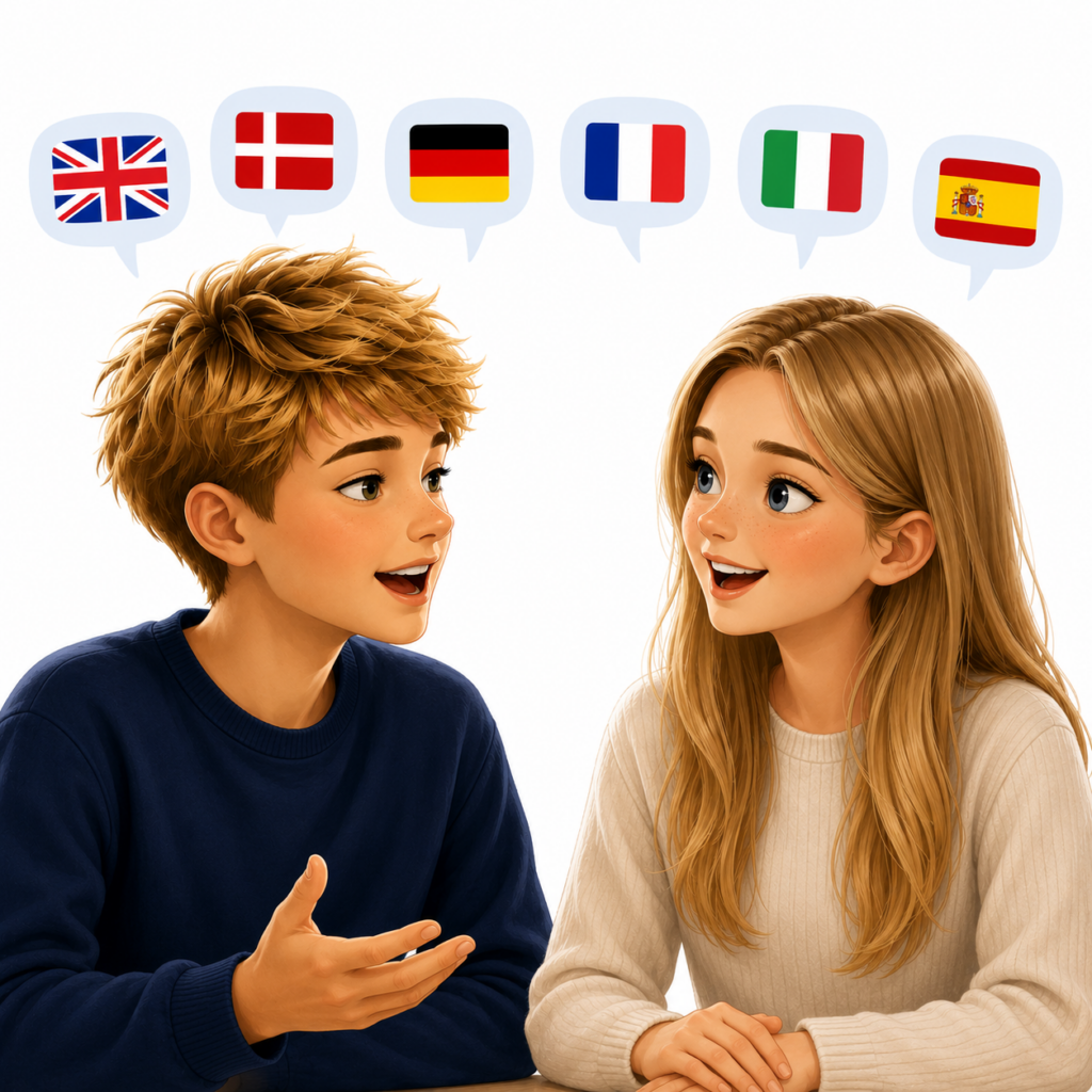 Lær sprog og lær at samtale. Animerede teenager taler sammen og er ved at lære sprog.