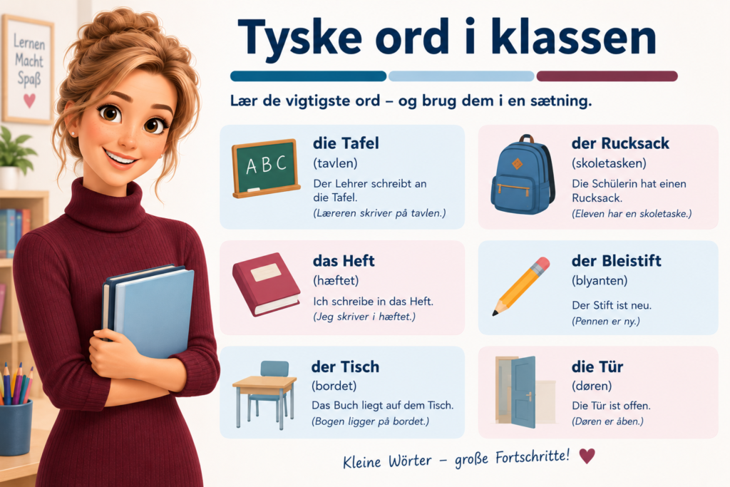 Nybegyndertysk med online undervisning. En lærerinde i tegneseriestil, der underviser i nybegyndertysk.