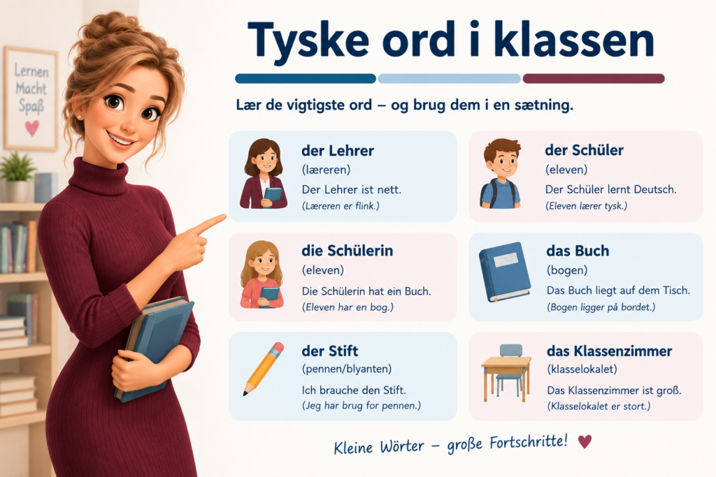 Tyske ord i klassen. lærerinden viser tyske ord og billeder i nybegyndertysk.