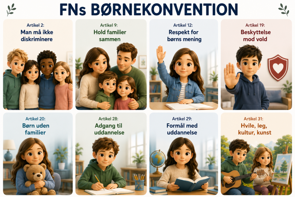 Udvalgte artikler fra FNs Børnekonvention til brug i folkeskolen.. Animerede billeder der viser hvad artiklerne siger.