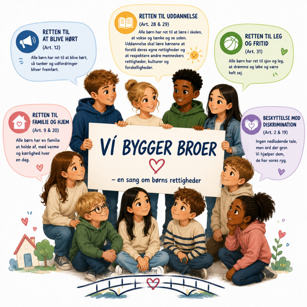Vi bygger broer om børnerettighederne. En flok animerede elever arbejder med klassecharteret til FNs børnerettigheder og de hører sangen "Vi bygger broer" mens de analyserer sangen set ift. Børnekonventionen.