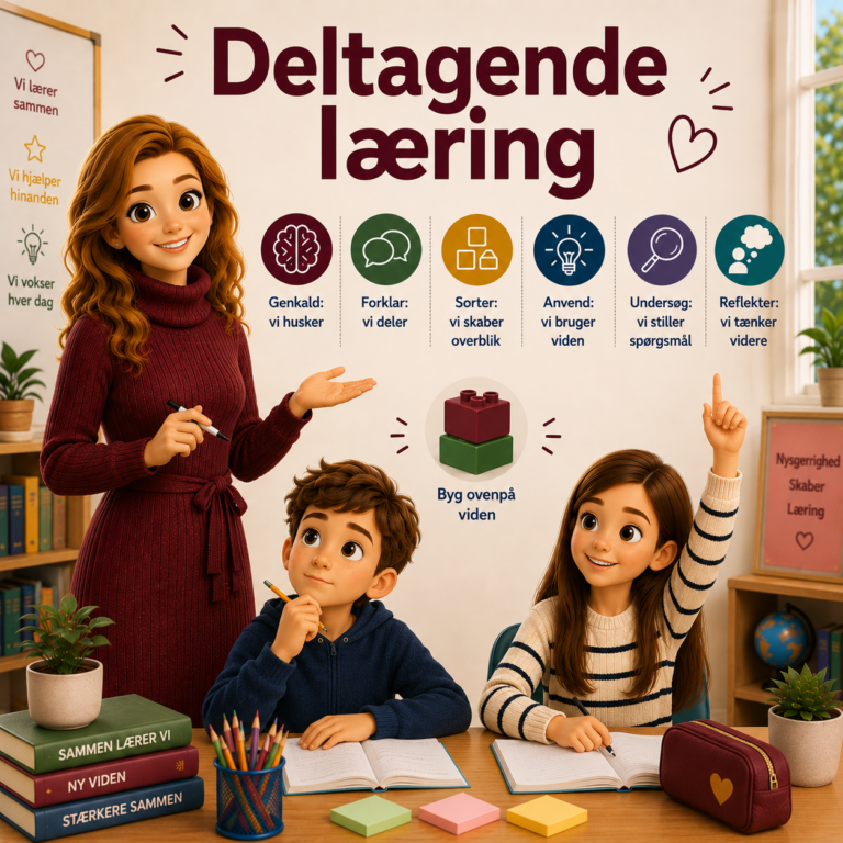 Deltagende læring, Her er en animeret lærer sammen med to elever. Billedet viser deltagende læring samt metoder til deltagende læring under emnet metodik og lærerfaglighed.