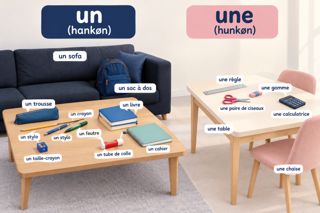 Franske ord med artikler der lettere kan huskes med hukommelsesteknik i un og une områder.
