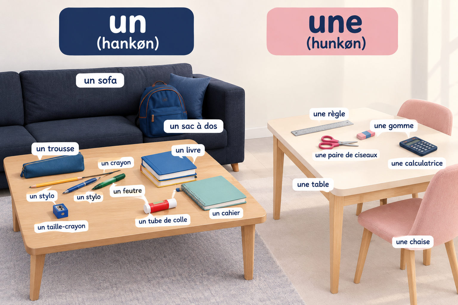 Franske ord med artiklerne un og une organiseret i områder som hukommelsesteknik