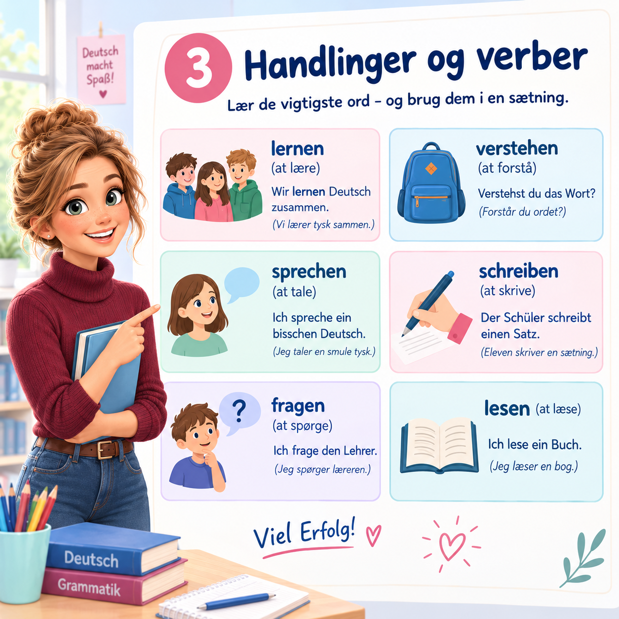 Visuel oversigt over tyske verber og handlinger i skolen