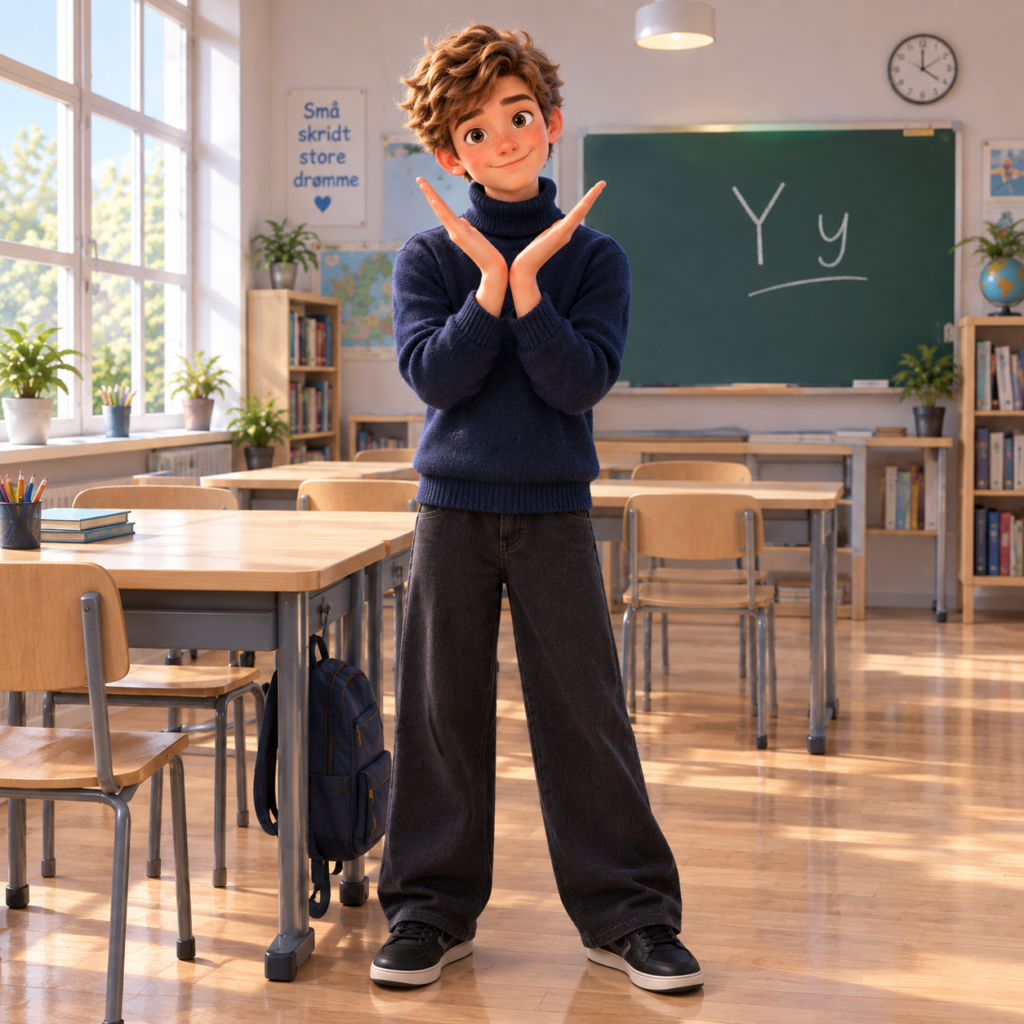 Y billede i fonetik og bevægelse. Gør det lettere at lære at læse med fonetik, lyde i alfabetet. Her viser den animerede dreng i skolen et Y mens han laver bevægelser.