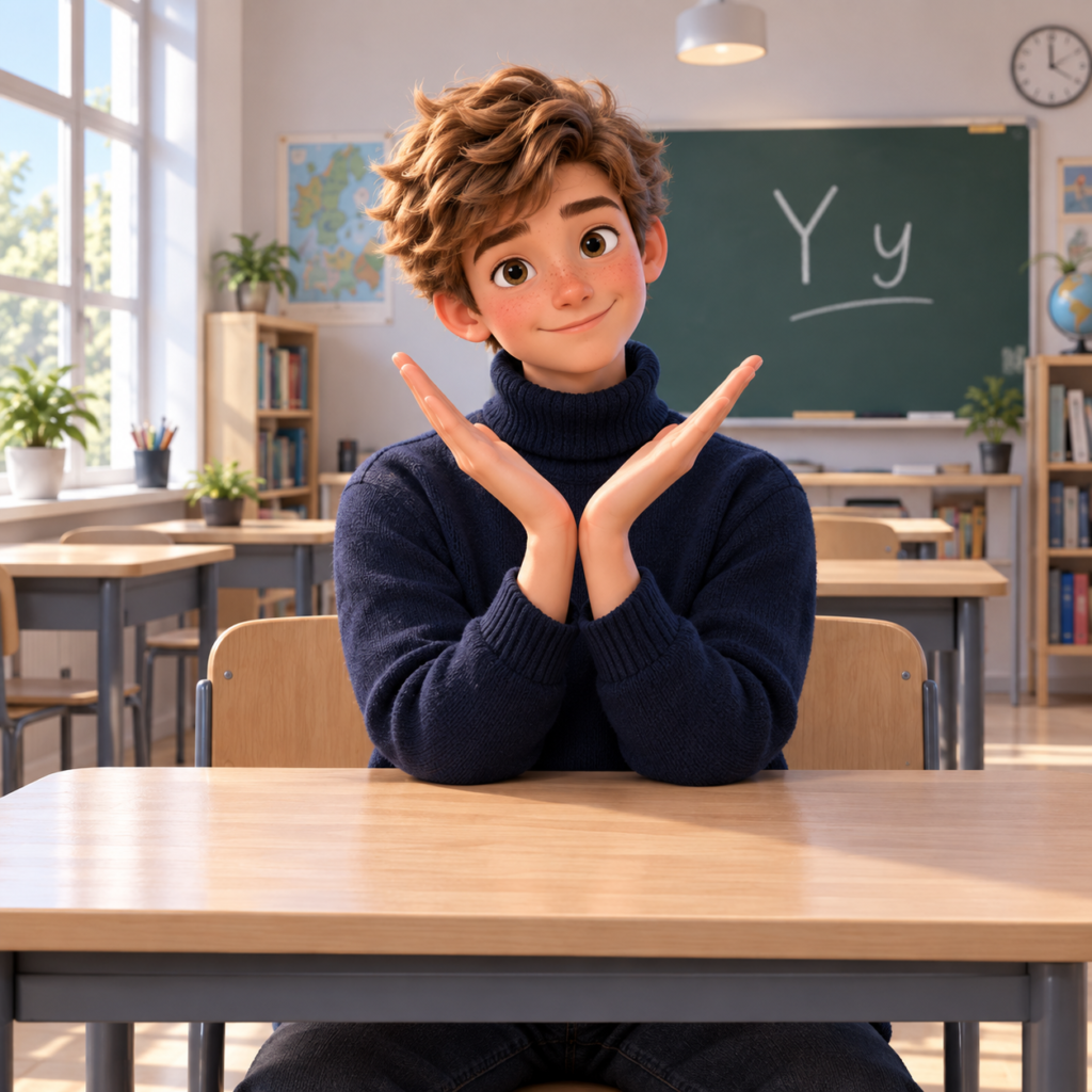 Y billede i fonetik og bevægelse. Gør det lettere at lære at læse med fonetik, lyde i alfabetet. Her viser den animerede dreng i skolen et Y.